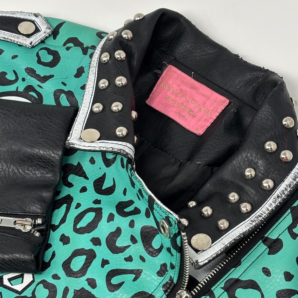 Azalea Wang Minerva Studded Moto Jacket XL Green Leopard Graphic PU Zip Cropped